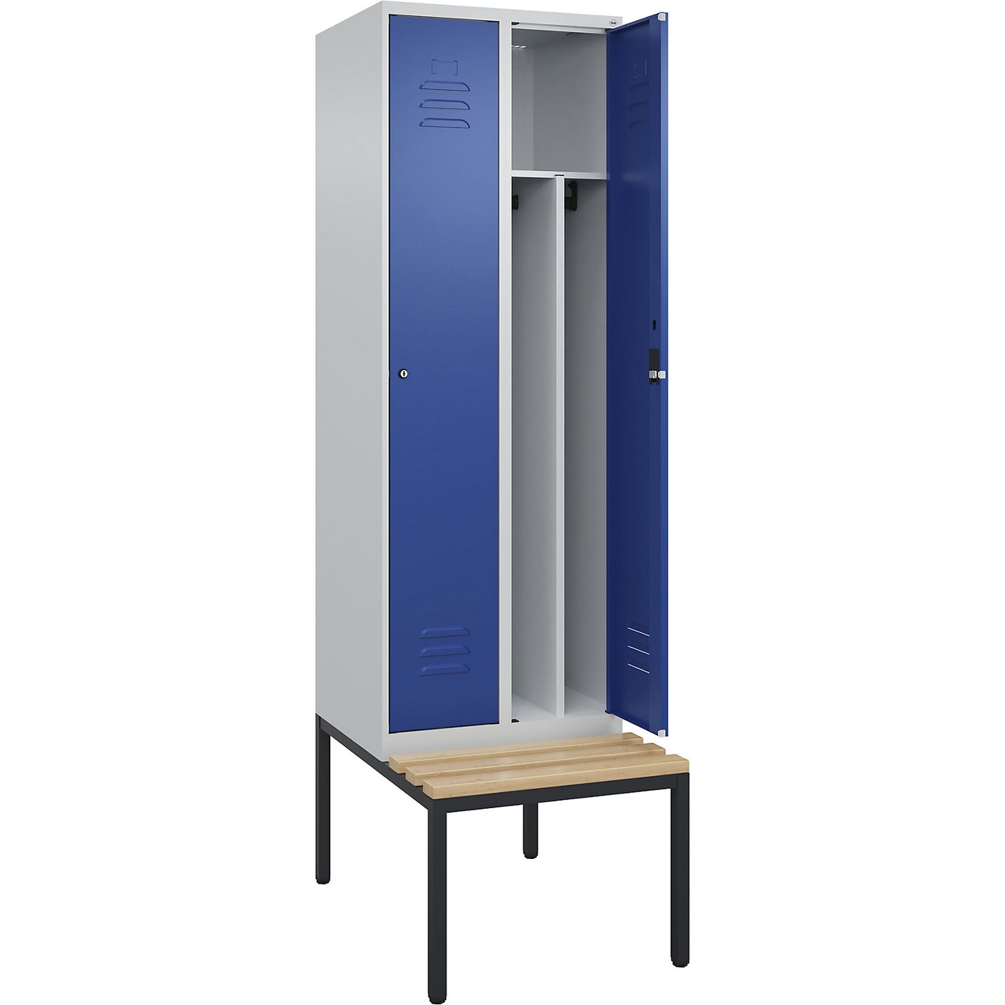 Classic PLUS clean and dirty bench seat clothes locker, narrow, 2 compartments, shortened centre divider, light grey/gentian blue, W 600 mm, cylinder lock, base frame, beech hardwood.