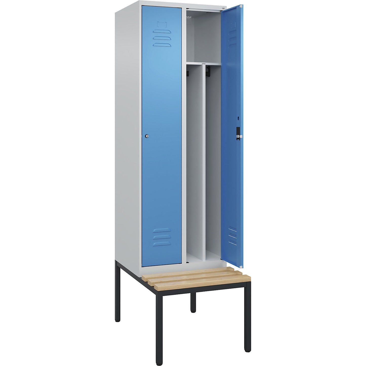 Classic PLUS clean and dirty bench seat clothes locker, narrow, 2 compartments, shortened centre divider, light grey/light blue, W 600 mm, cylinder lock, base frame, beech hardwood.