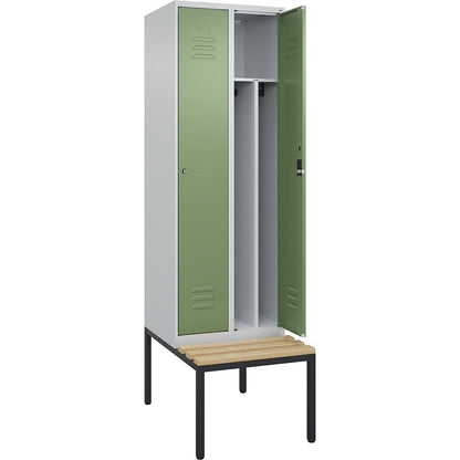 Classic PLUS clean and dirty bench seat clothes locker, narrow, 2 compartments, shortened centre divider, light grey/reseda green, W 600 mm, cylinder lock, base frame, beech hardwood.