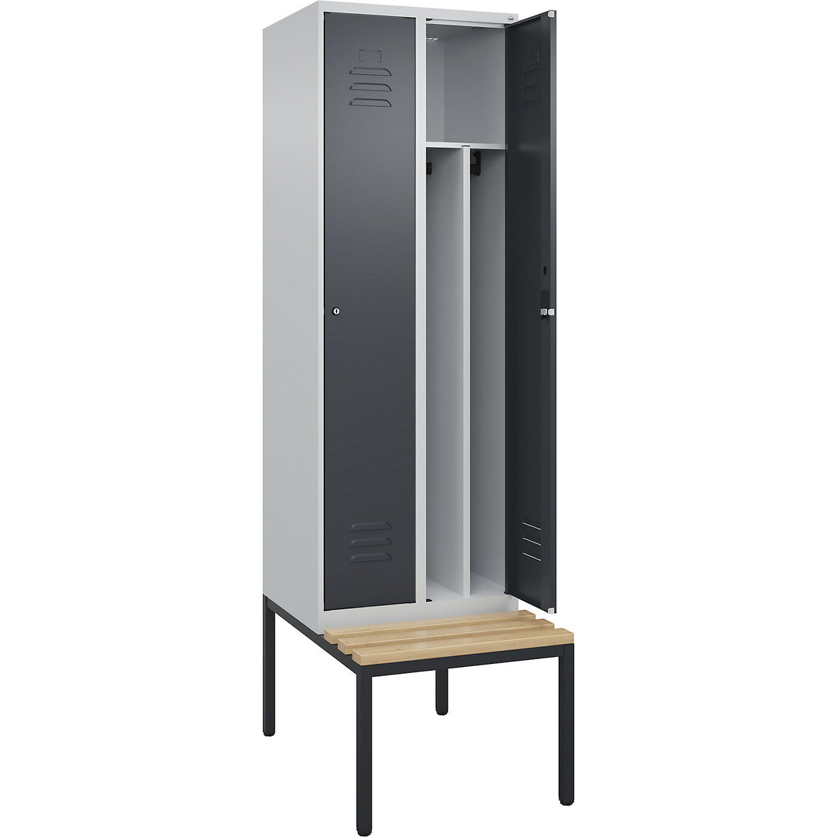 Classic PLUS clean and dirty bench seat clothes locker, narrow, 2 compartments, shortened centre divider, light grey/grey, W 600 mm, cylinder lock, base frame, beech hardwood.
