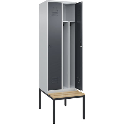 Classic PLUS clean and dirty bench seat clothes locker, narrow, 2 compartments, shortened centre divider, light grey/grey, W 600 mm, cylinder lock, base frame, beech hardwood.