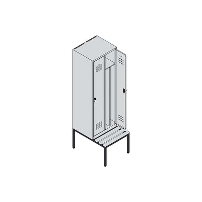 Classic PLUS clean and dirty bench seat clothes locker, narrow, 2 compartments, shortened centre divider, light grey/light blue, W 600 mm, security rotary bolt, base frame, beech hardwood.