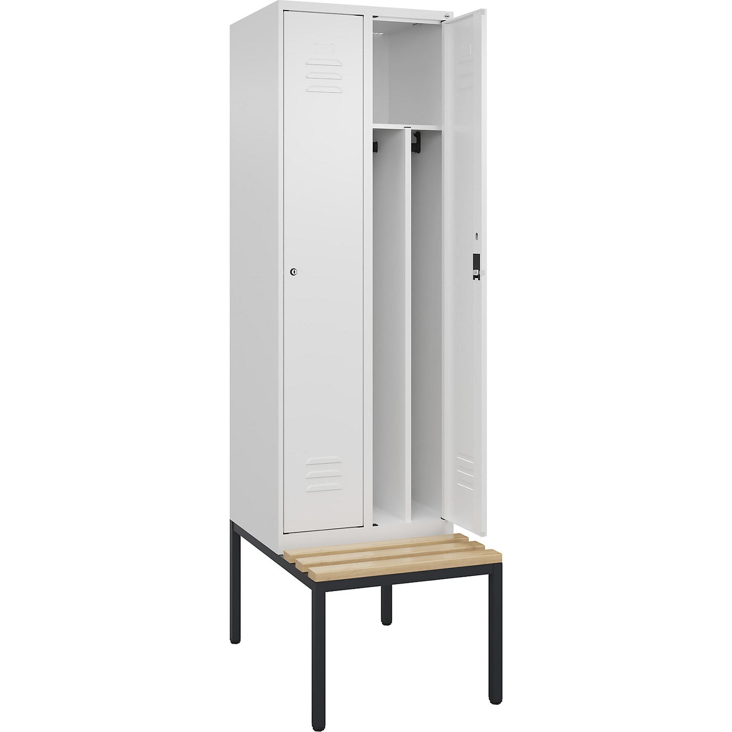 Classic PLUS clean and dirty bench seat clothes locker, narrow, 2 compartments, shortened centre divider, traffic white, W 600 mm, cylinder lock, base frame, beech hardwood.