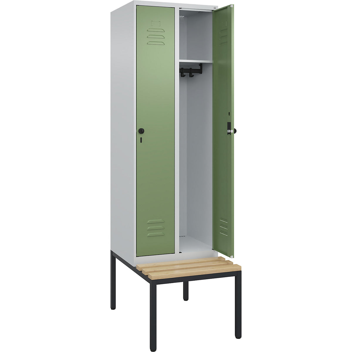 Classic PLUS bench seat clothes locker, 2 compartments, light grey/reseda green, W 600 mm, security rotary bolt, base frame, beech hardwood.