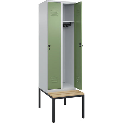Classic PLUS bench seat clothes locker, 2 compartments, light grey/reseda green, W 600 mm, security rotary bolt, base frame, beech hardwood.