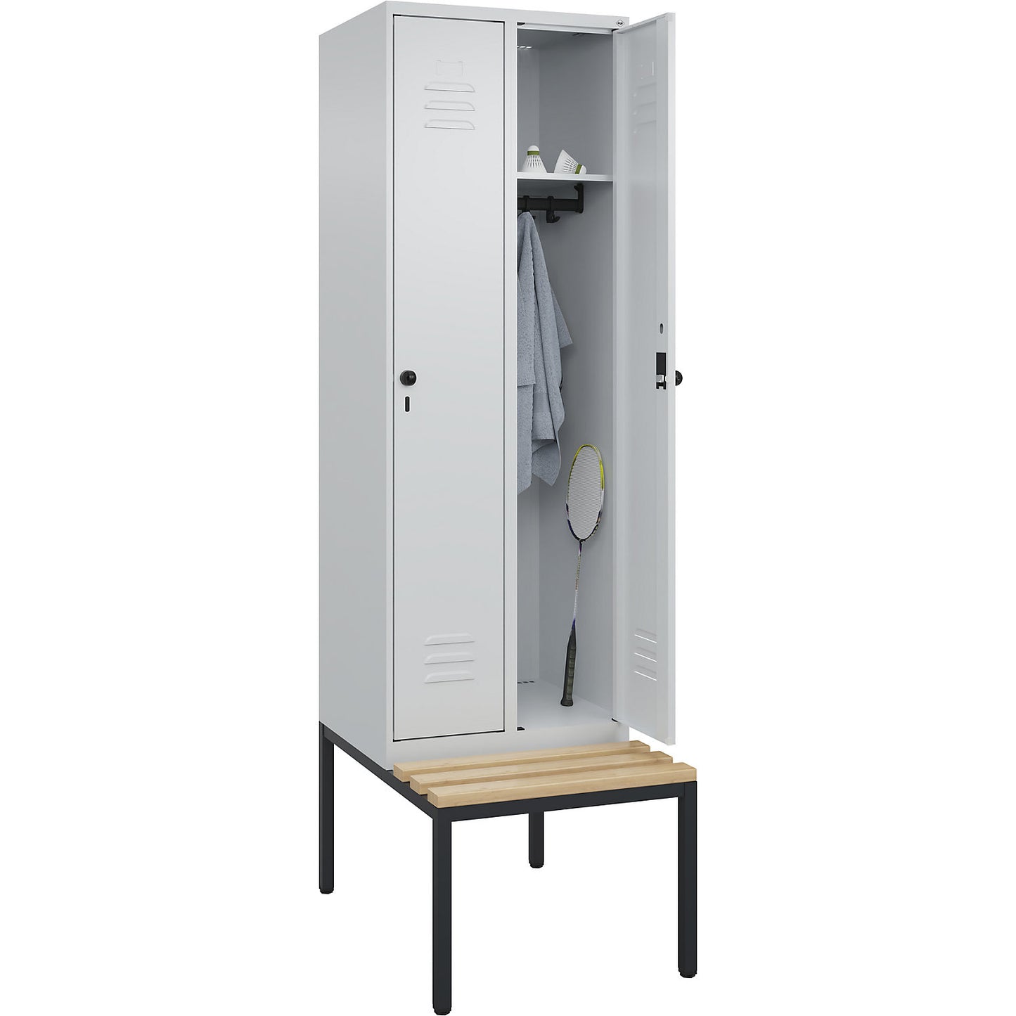 Classic PLUS bench seat clothes locker, 2 compartments, light grey, W 600 mm, security rotary bolt, base frame, beech hardwood.