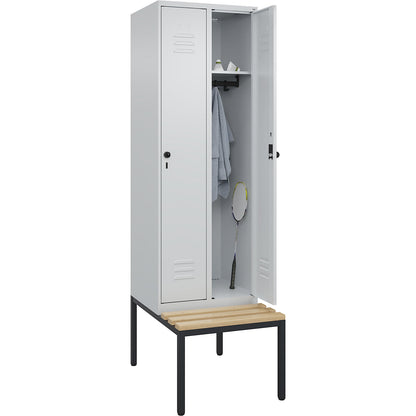 Classic PLUS bench seat clothes locker, 2 compartments, light grey, W 600 mm, security rotary bolt, base frame, beech hardwood.