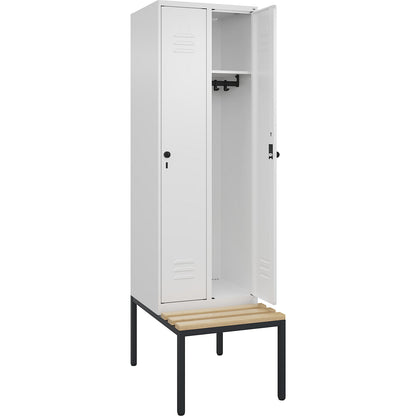 Classic PLUS bench seat clothes locker, 2 compartments, traffic white, W 600 mm, security rotary bolt, base frame, beech hardwood.