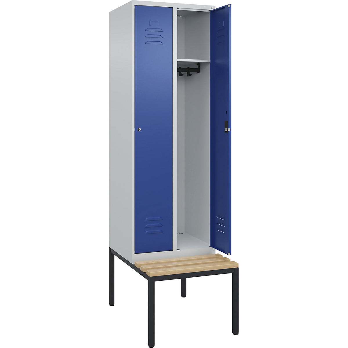 Classic PLUS bench seat clothes locker, 2 compartments, light grey/gentian blue, W 600 mm, cylinder lock, base frame, beech hardwood.