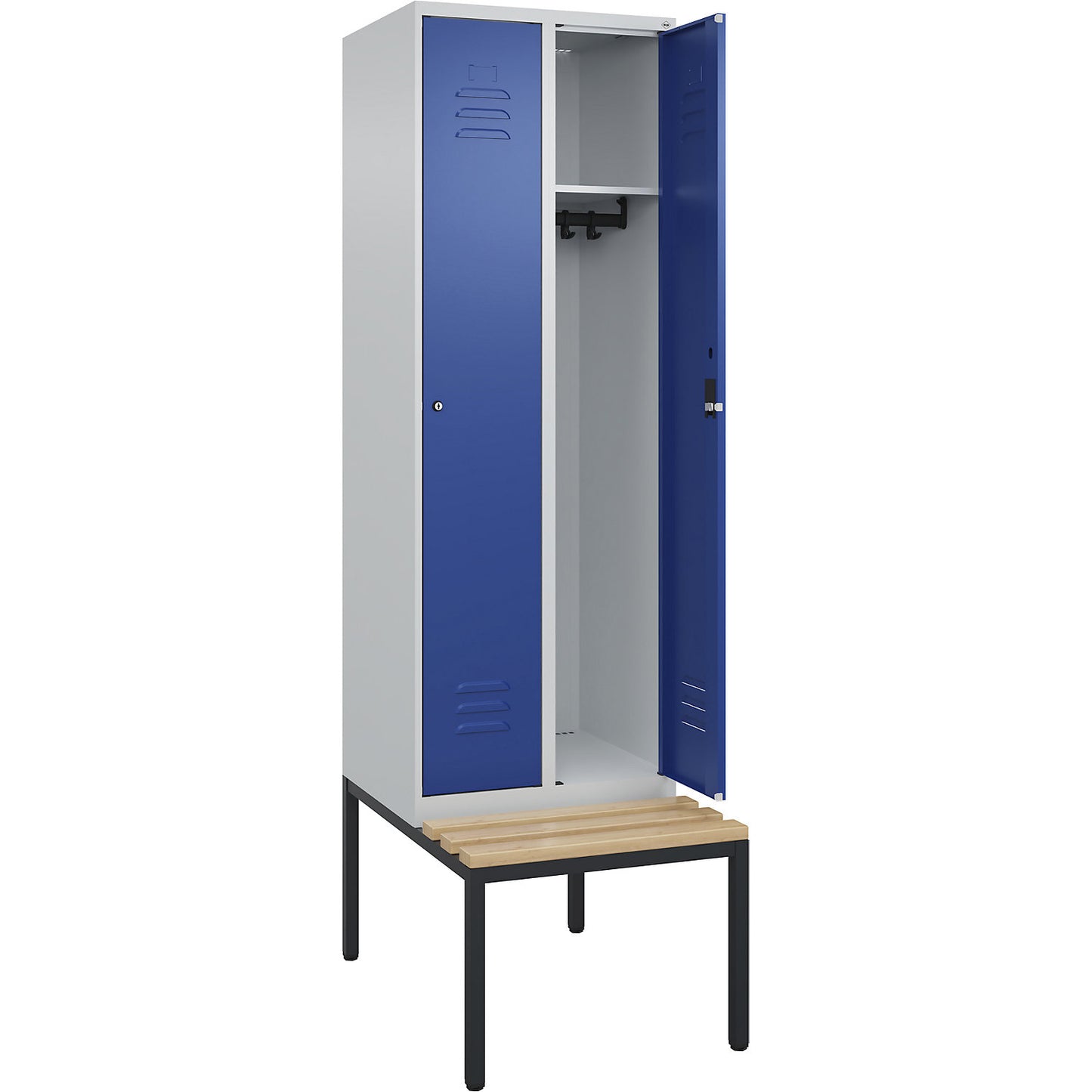 Classic PLUS bench seat clothes locker, 2 compartments, light grey/gentian blue, W 600 mm, cylinder lock, base frame, beech hardwood.