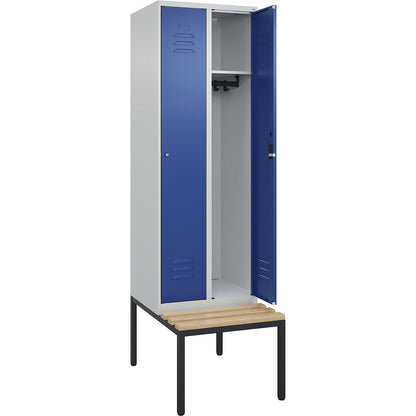 Classic PLUS bench seat clothes locker, 2 compartments, light grey/gentian blue, W 600 mm, cylinder lock, base frame, beech hardwood.