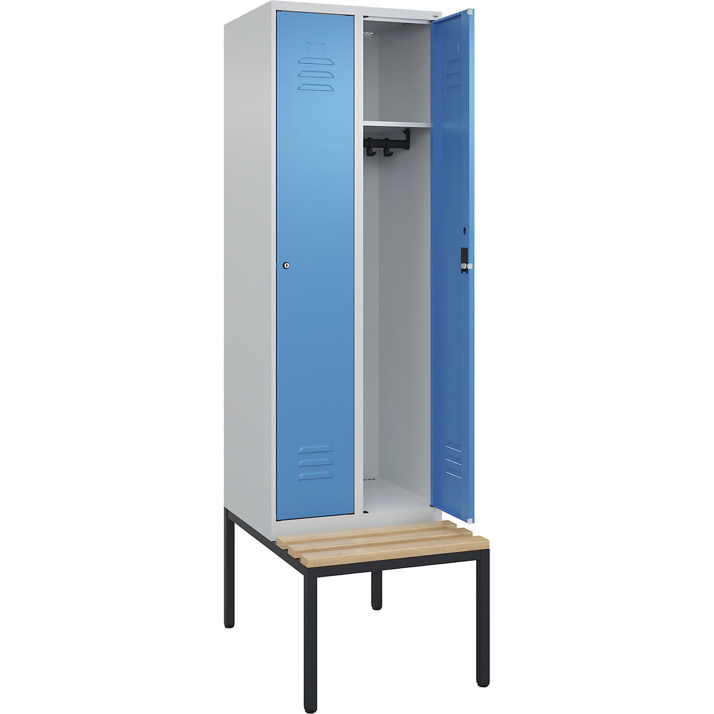 Classic PLUS bench seat clothes locker, 2 compartments, light grey/light blue, W 600 mm, cylinder lock, base frame, beech hardwood.
