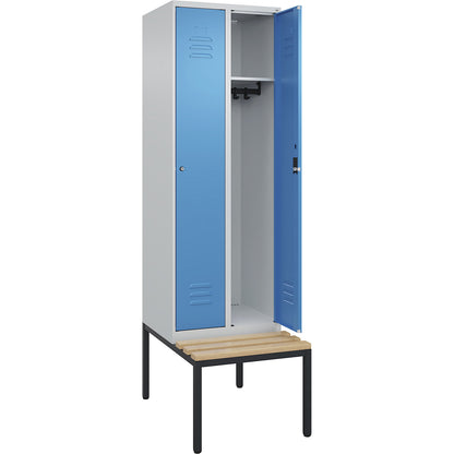 Classic PLUS bench seat clothes locker, 2 compartments, light grey/light blue, W 600 mm, cylinder lock, base frame, beech hardwood.