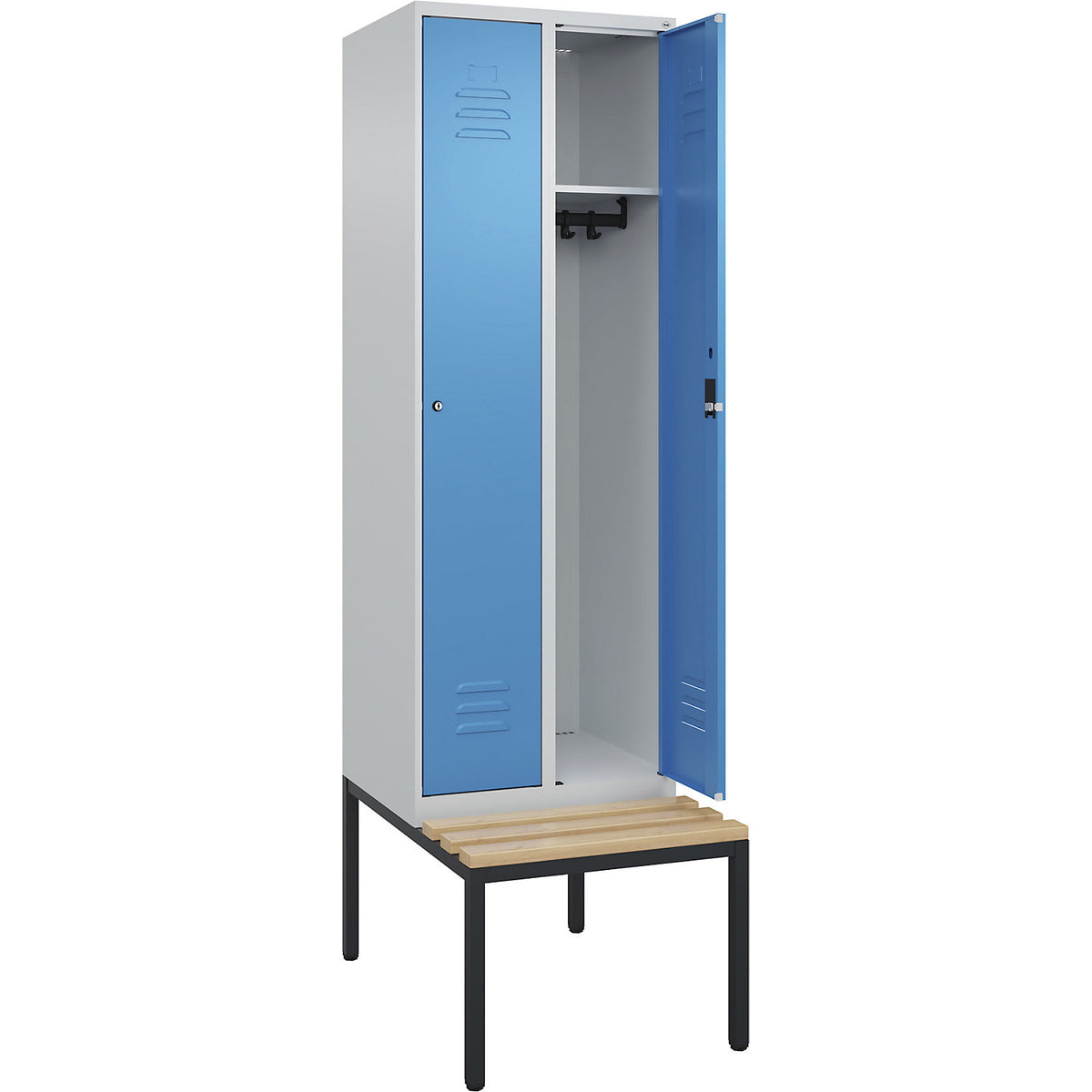 Classic PLUS bench seat clothes locker, 2 compartments, light grey/light blue, W 600 mm, cylinder lock, base frame, beech hardwood.