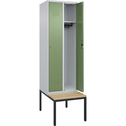 Classic PLUS bench seat clothes locker, 2 compartments, light grey/reseda green, W 600 mm, cylinder lock, base frame, beech hardwood.