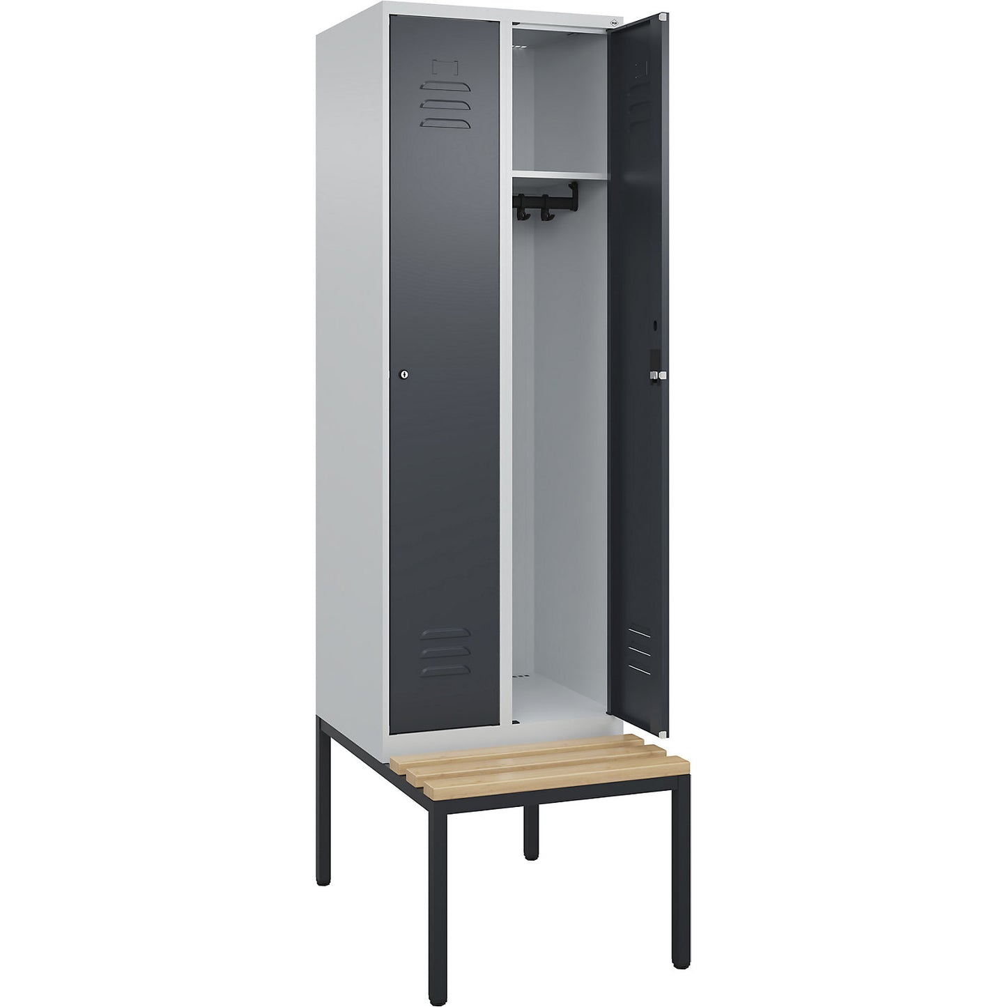 Classic PLUS bench seat clothes locker, 2 compartments, light grey/grey, W 600 mm, cylinder lock, base frame, beech hardwood.