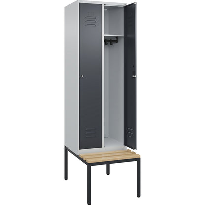 Classic PLUS bench seat clothes locker, 2 compartments, light grey/grey, W 600 mm, cylinder lock, base frame, beech hardwood.