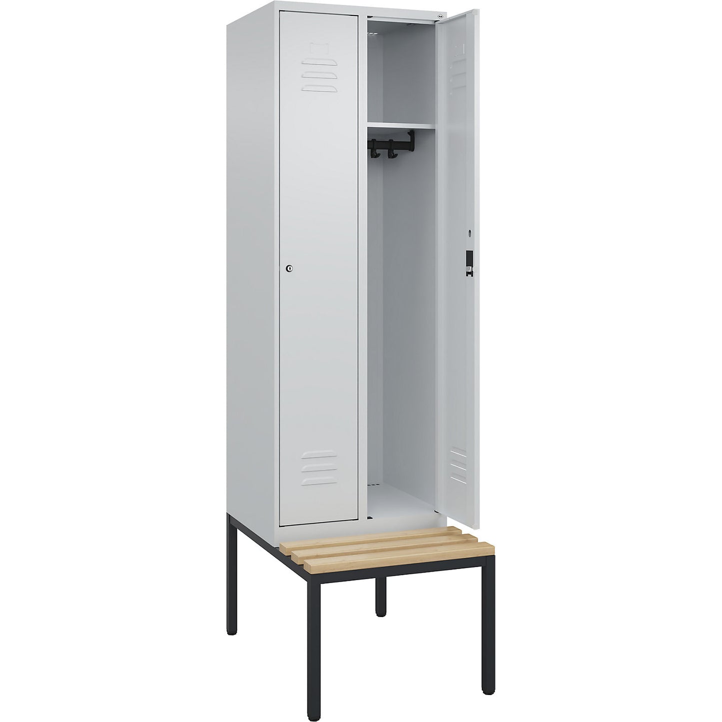 Classic PLUS bench seat clothes locker, 2 compartments, light grey, W 600 mm, cylinder lock, base frame, beech hardwood.