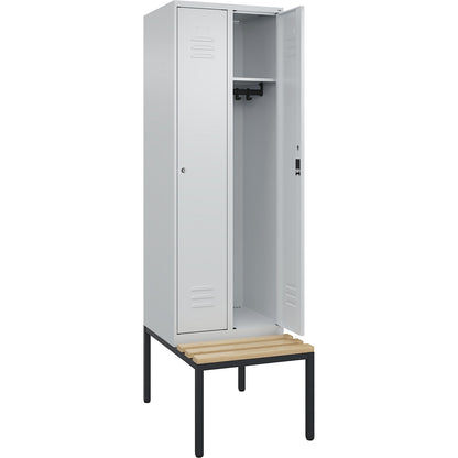 Classic PLUS bench seat clothes locker, 2 compartments, light grey, W 600 mm, cylinder lock, base frame, beech hardwood.