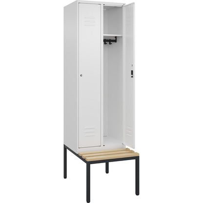 Classic PLUS bench seat clothes locker, 2 compartments, traffic white, W 600 mm, cylinder lock, base frame, beech hardwood.