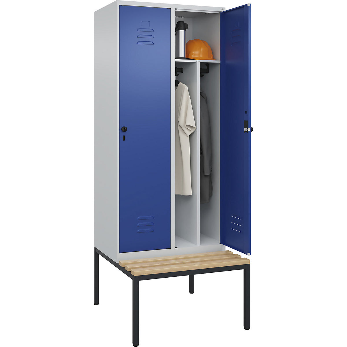 Classic PLUS clean and dirty bench seat clothes locker, narrow, 2 compartments, shortened centre divider, light grey/gentian blue, W 800 mm, security rotary bolt, base frame, beech hardwood.
