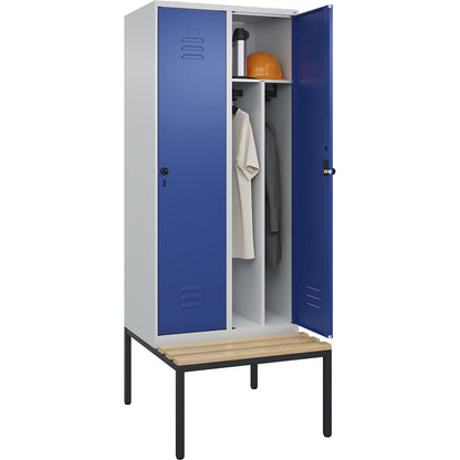 Classic PLUS clean and dirty bench seat clothes locker, narrow, 2 compartments, shortened centre divider, light grey/gentian blue, W 800 mm, security rotary bolt, base frame, beech hardwood.