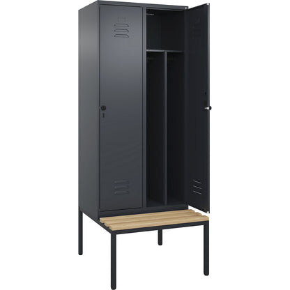 Classic PLUS clean and dirty bench seat clothes locker, narrow, 2 compartments, shortened centre divider, grey, W 800 mm, security rotary bolt, base frame, beech hardwood.