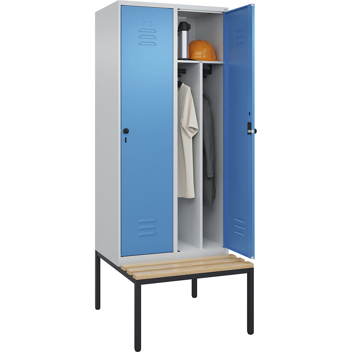 Classic PLUS clean and dirty bench seat clothes locker, narrow, 2 compartments, shortened centre divider, light grey/light blue, W 800 mm, security rotary bolt, base frame, beech hardwood.