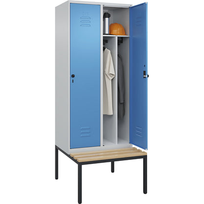 Classic PLUS clean and dirty bench seat clothes locker, narrow, 2 compartments, shortened centre divider, light grey/light blue, W 800 mm, security rotary bolt, base frame, beech hardwood.
