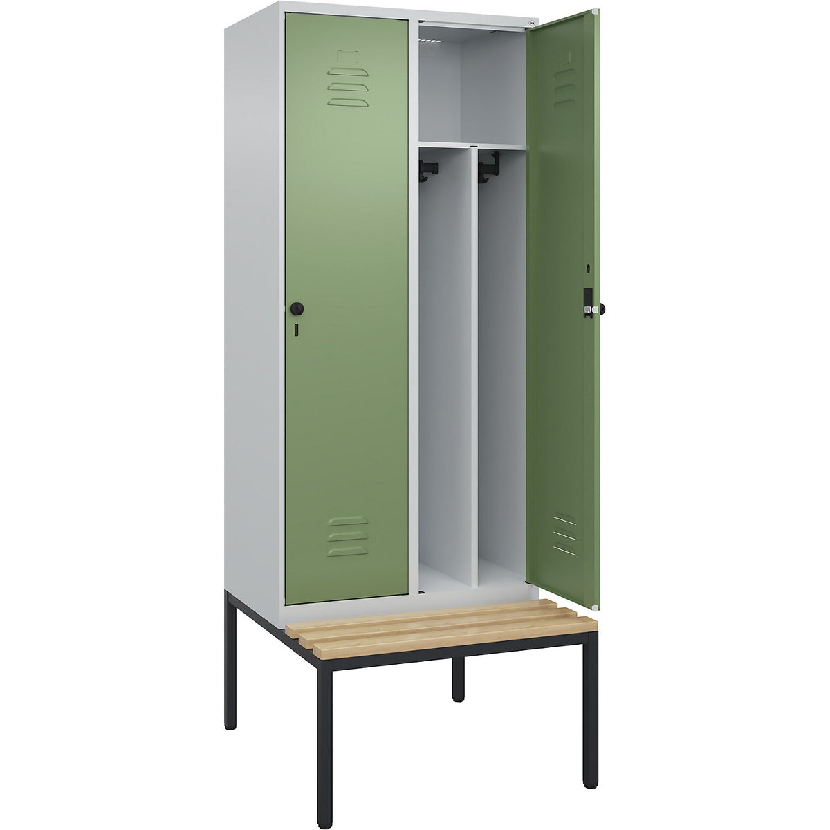 Classic PLUS clean and dirty bench seat clothes locker, narrow, 2 compartments, shortened centre divider, light grey/reseda green, W 800 mm, security rotary bolt, base frame, beech hardwood.