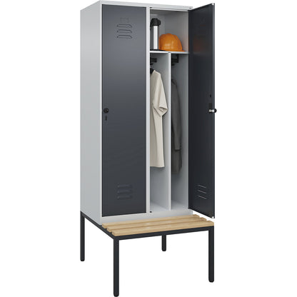 Classic PLUS clean and dirty bench seat clothes locker, narrow, 2 compartments, shortened centre divider, light grey/grey, W 800 mm, security rotary bolt, base frame, beech hardwood.