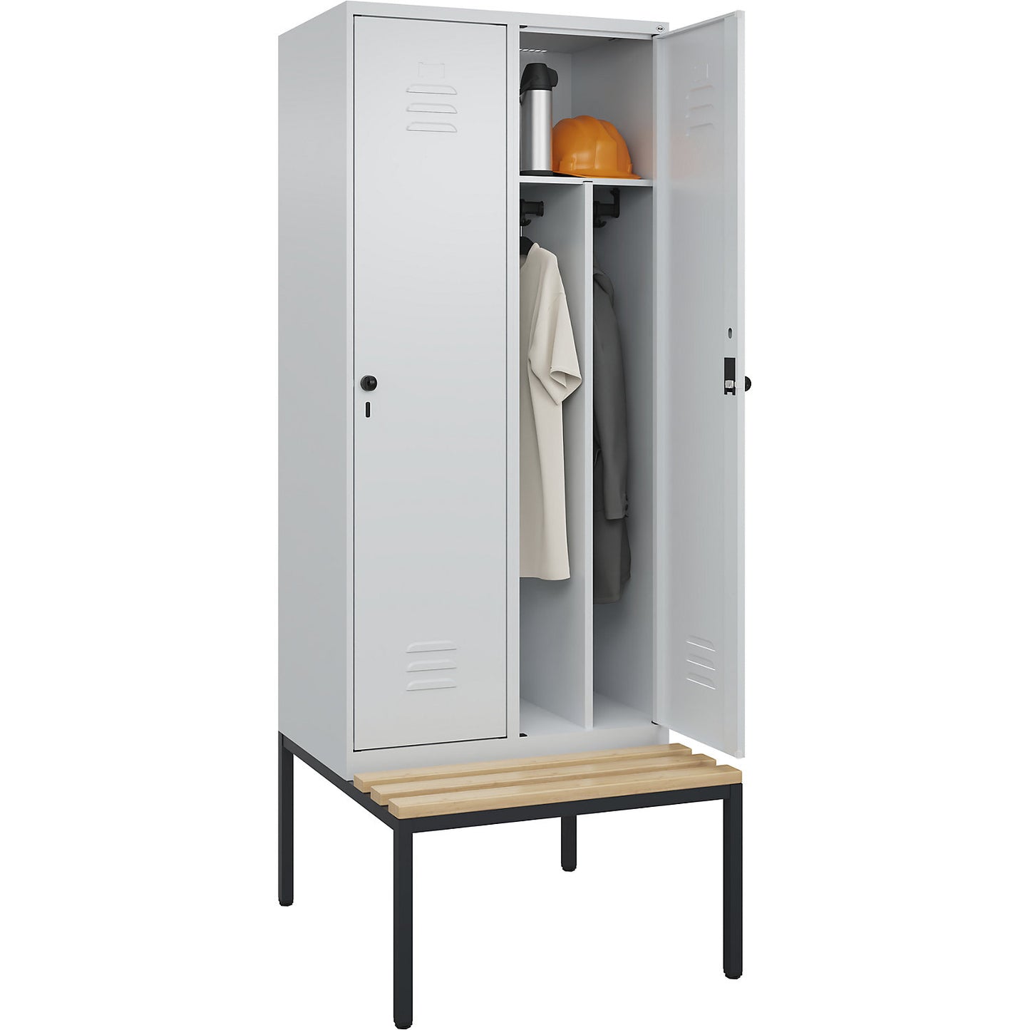 Classic PLUS clean and dirty bench seat clothes locker, narrow, 2 compartments, shortened centre divider, light grey, W 800 mm, security rotary bolt, base frame, beech hardwood.
