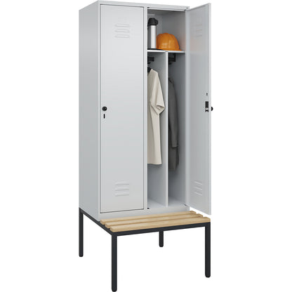 Classic PLUS clean and dirty bench seat clothes locker, narrow, 2 compartments, shortened centre divider, light grey, W 800 mm, security rotary bolt, base frame, beech hardwood.