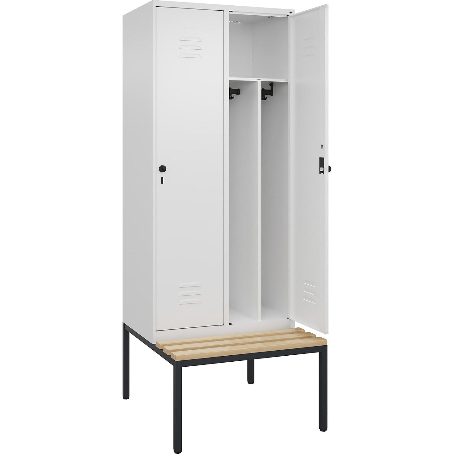 Classic PLUS clean and dirty bench seat clothes locker, narrow, 2 compartments, shortened centre divider, traffic white, W 800 mm, security rotary bolt, base frame, beech hardwood.