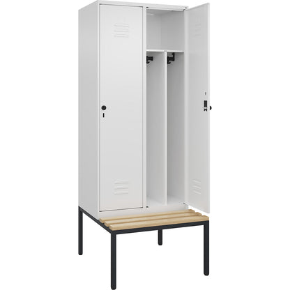 Classic PLUS clean and dirty bench seat clothes locker, narrow, 2 compartments, shortened centre divider, traffic white, W 800 mm, security rotary bolt, base frame, beech hardwood.