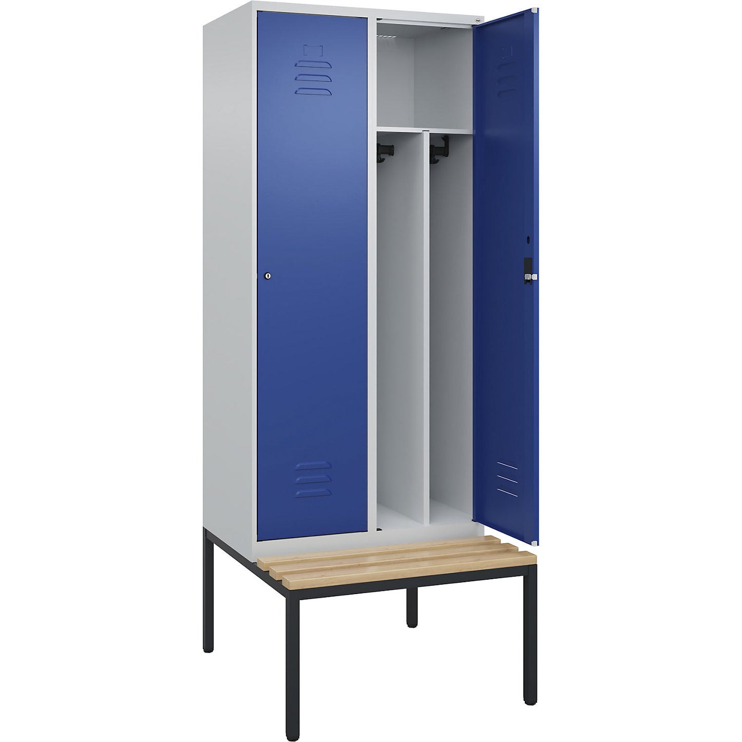 Classic PLUS clean and dirty bench seat clothes locker, narrow, 2 compartments, shortened centre divider, light grey/gentian blue, W 800 mm, cylinder lock, base frame, beech hardwood.