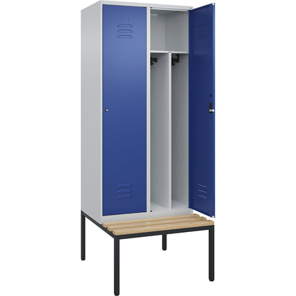 Classic PLUS clean and dirty bench seat clothes locker, narrow, 2 compartments, shortened centre divider, light grey/gentian blue, W 800 mm, cylinder lock, base frame, beech hardwood.