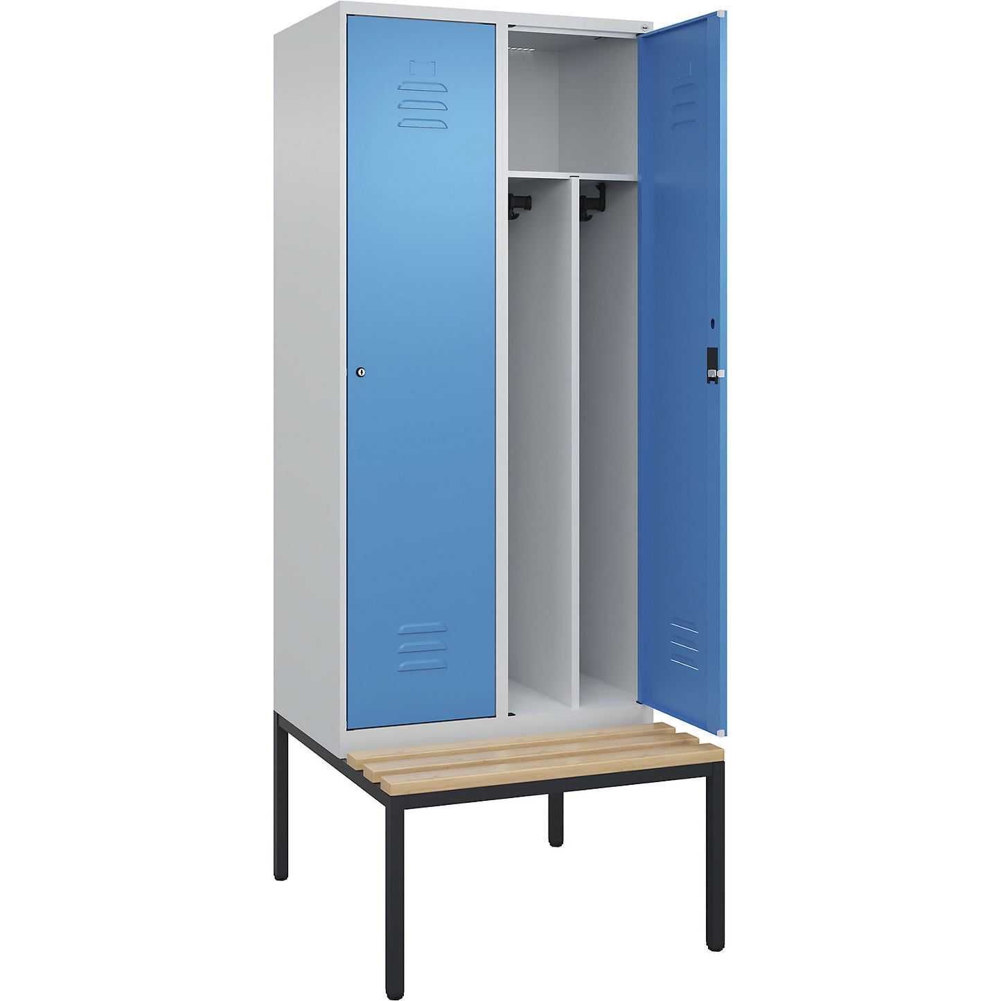 Classic PLUS clean and dirty bench seat clothes locker, narrow, 2 compartments, shortened centre divider, light grey/light blue, W 800 mm, cylinder lock, base frame, beech hardwood.