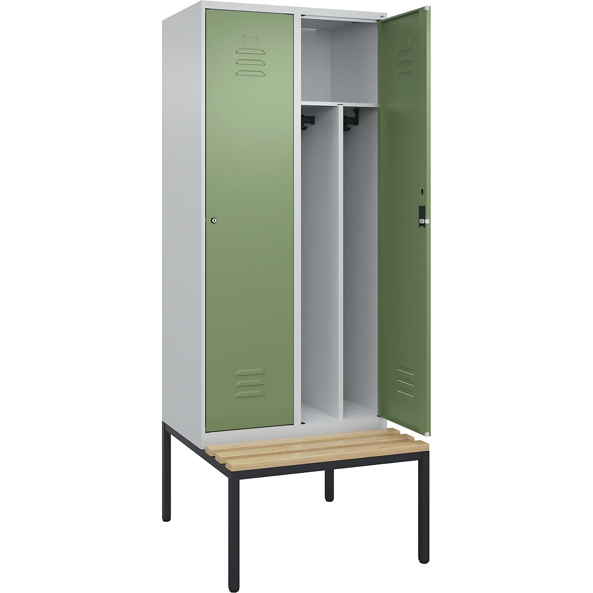 Classic PLUS clean and dirty bench seat clothes locker, narrow, 2 compartments, shortened centre divider, light grey/reseda green, W 800 mm, cylinder lock, base frame, beech hardwood.