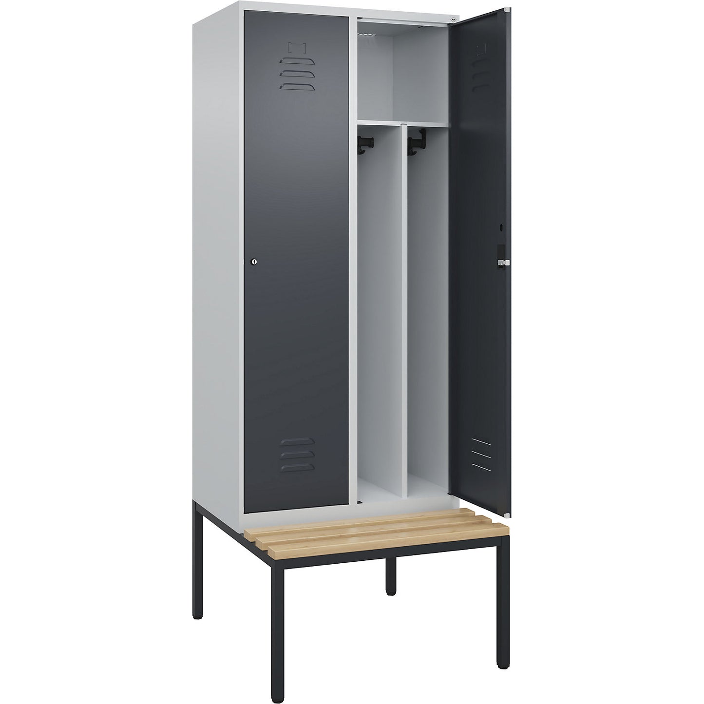 Classic PLUS clean and dirty bench seat clothes locker, narrow, 2 compartments, shortened centre divider, light grey/grey, W 800 mm, cylinder lock, base frame, beech hardwood.