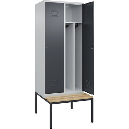 Classic PLUS clean and dirty bench seat clothes locker, narrow, 2 compartments, shortened centre divider, light grey/grey, W 800 mm, cylinder lock, base frame, beech hardwood.
