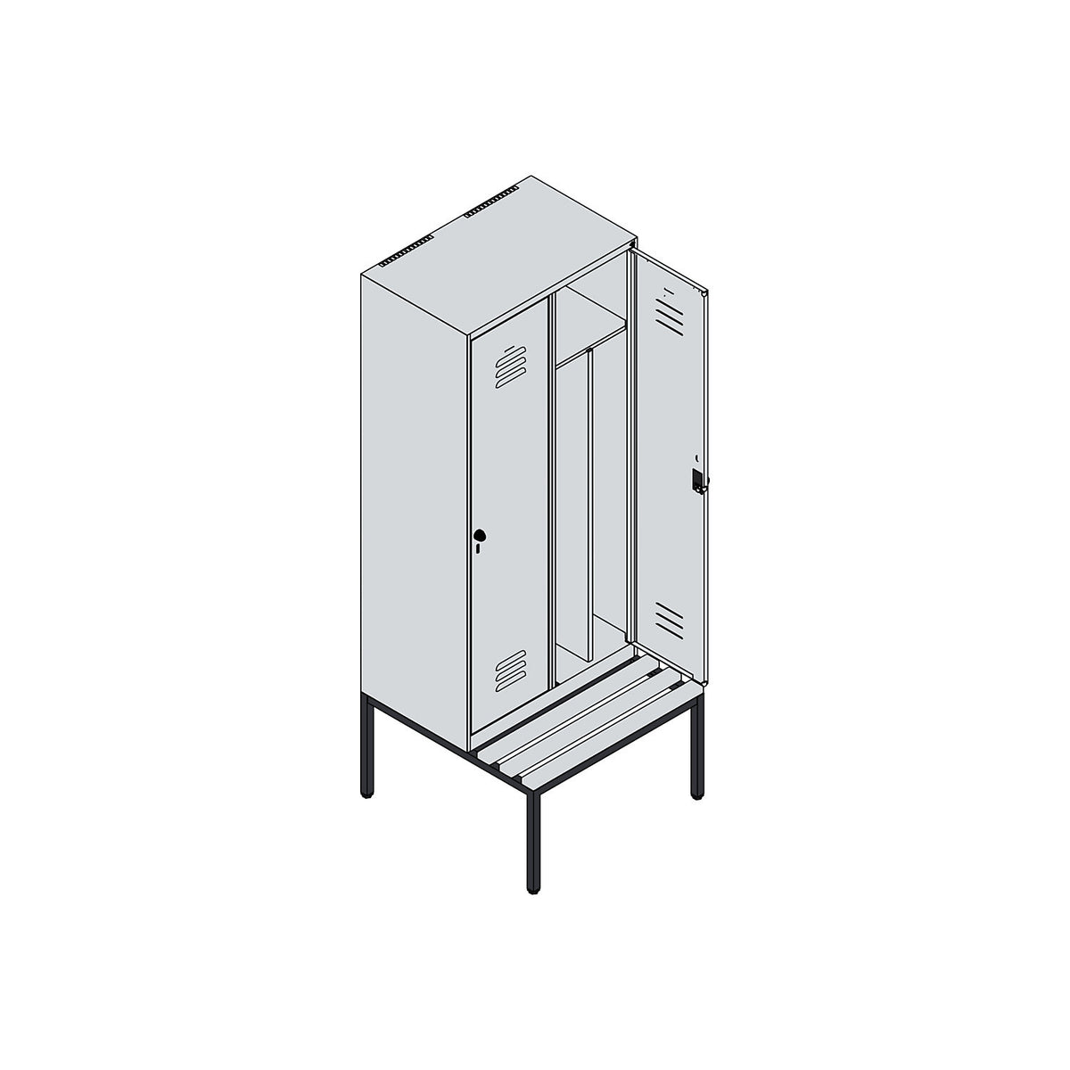 Classic PLUS clean and dirty bench seat clothes locker, narrow, 2 compartments, shortened centre divider, light grey/light blue, W 800 mm, security rotary bolt, base frame, beech hardwood.
