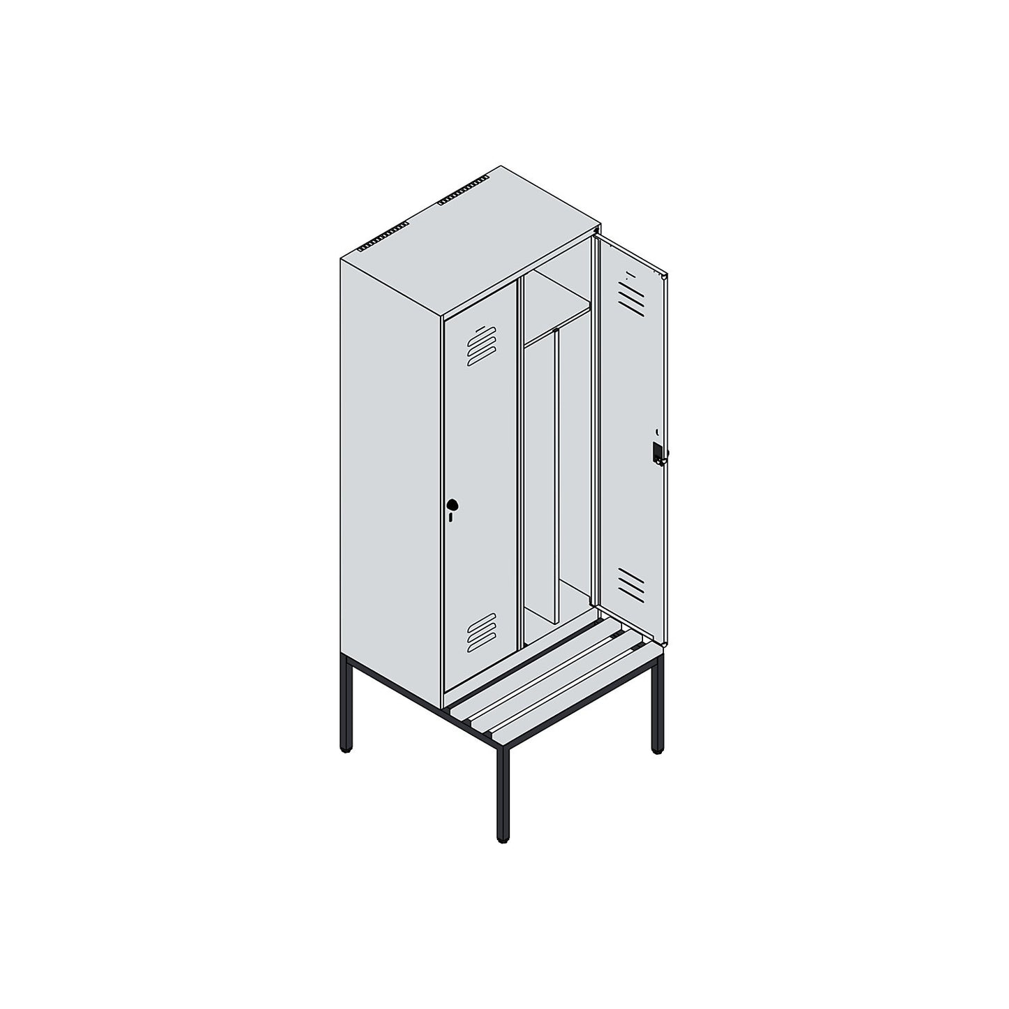 Classic PLUS clean and dirty bench seat clothes locker, narrow, 2 compartments, shortened centre divider, traffic white, W 800 mm, security rotary bolt, base frame, beech hardwood.