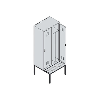 Classic PLUS clean and dirty bench seat clothes locker, narrow, 2 compartments, shortened centre divider, traffic white, W 800 mm, security rotary bolt, base frame, beech hardwood.