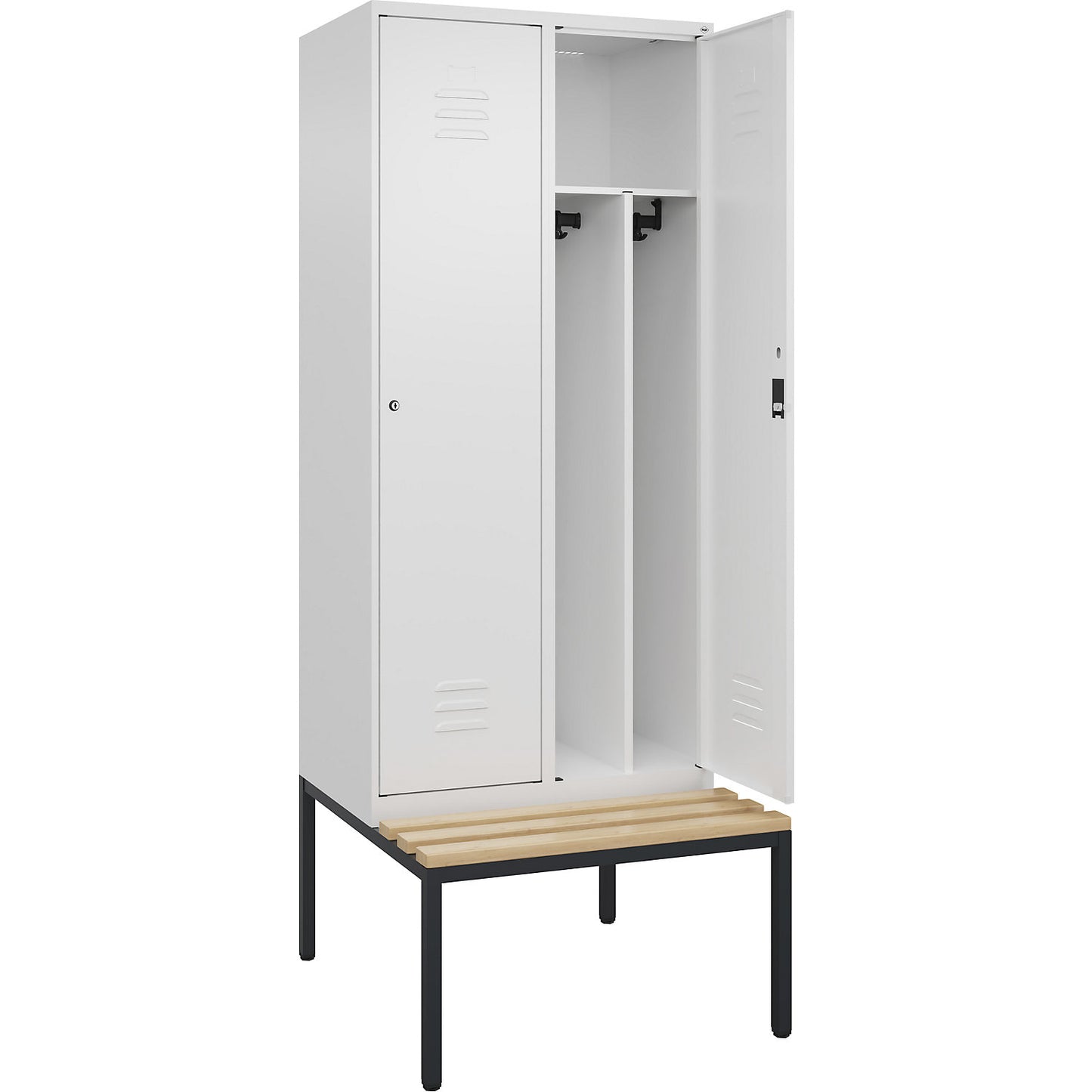 Classic PLUS clean and dirty bench seat clothes locker, narrow, 2 compartments, shortened centre divider, traffic white, W 800 mm, cylinder lock, base frame, beech hardwood.