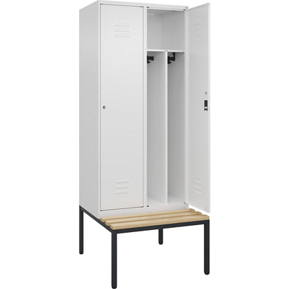 Classic PLUS clean and dirty bench seat clothes locker, narrow, 2 compartments, shortened centre divider, traffic white, W 800 mm, cylinder lock, base frame, beech hardwood.