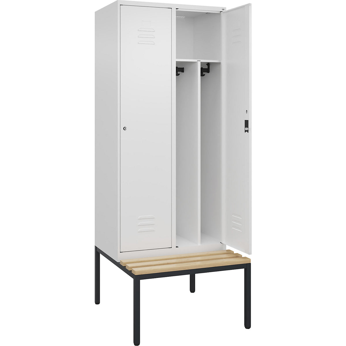 Classic PLUS clean and dirty bench seat clothes locker, narrow, 2 compartments, shortened centre divider, traffic white, W 800 mm, cylinder lock, base frame, beech hardwood.