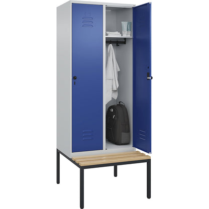 Classic PLUS bench seat clothes locker, 2 compartments, light grey/gentian blue, W 800 mm, security rotary bolt, base frame, beech hardwood.