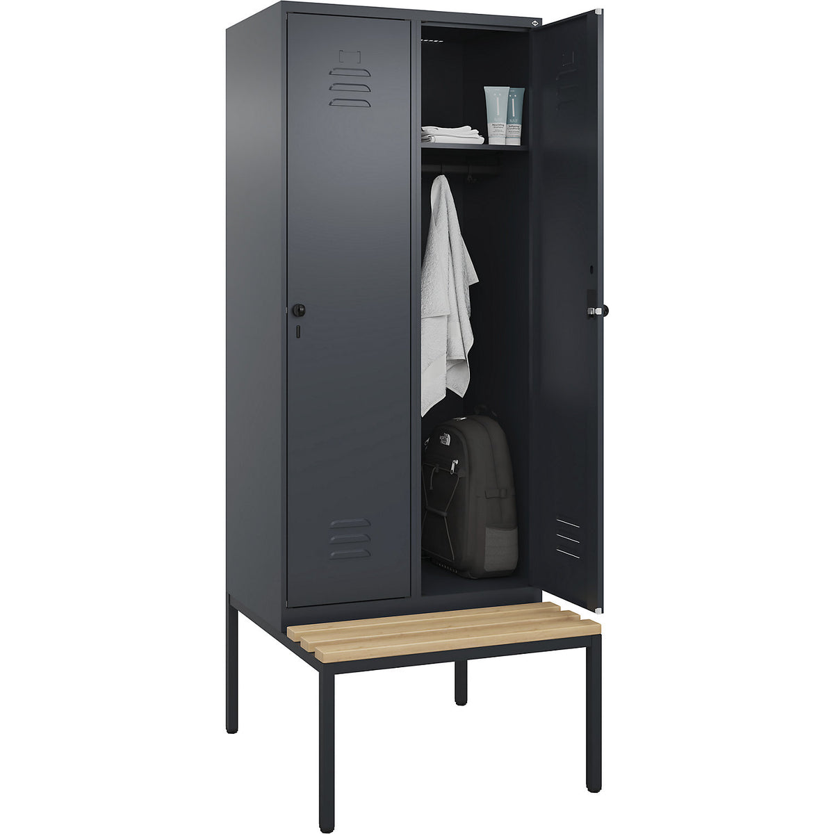 Classic PLUS bench seat clothes locker, 2 compartments, grey, W 800 mm, security rotary bolt, base frame, beech hardwood.