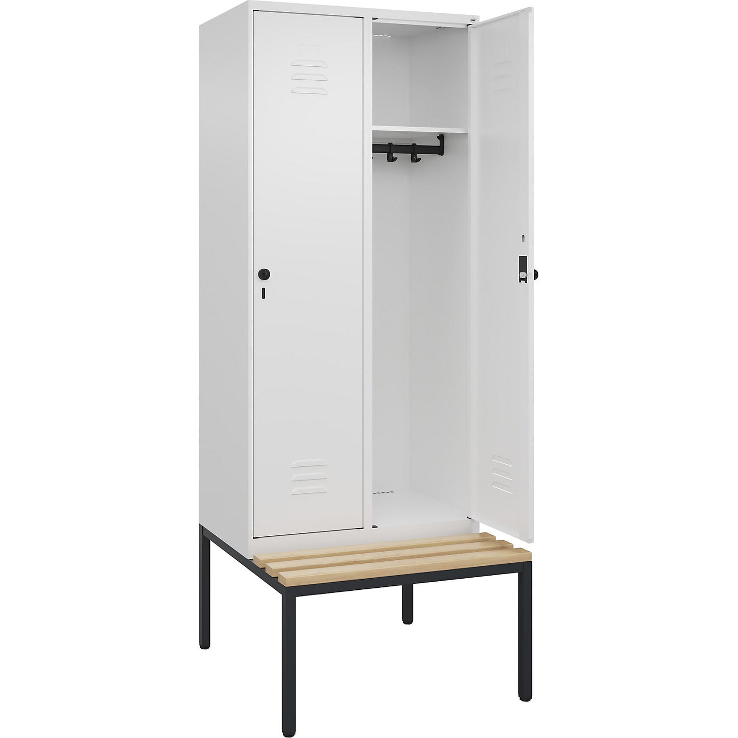 Classic PLUS bench seat clothes locker, 2 compartments, traffic white, W 800 mm, security rotary bolt, base frame, beech hardwood.